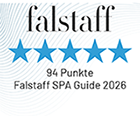 Falstaff-Logo mit fünf blauen Sternen und Bewertung 94 Punkte im SPA Guide 2026